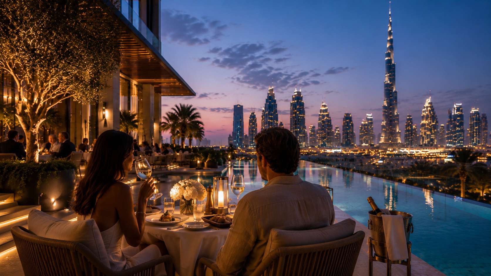 Guests at a rooftop dinner overlooking the Dubai skyline at dusk
